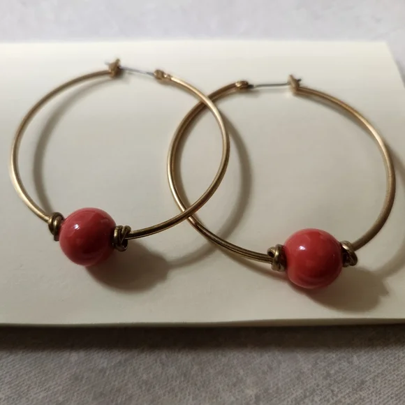NWOT Gold Hoops with Coral Beads - Picture 2 of 4